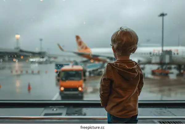 Little boy looking at airplanes through the window