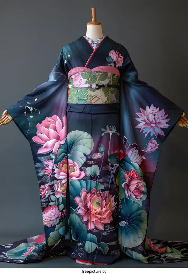 A kimono with a pattern of lotuses and water plants.