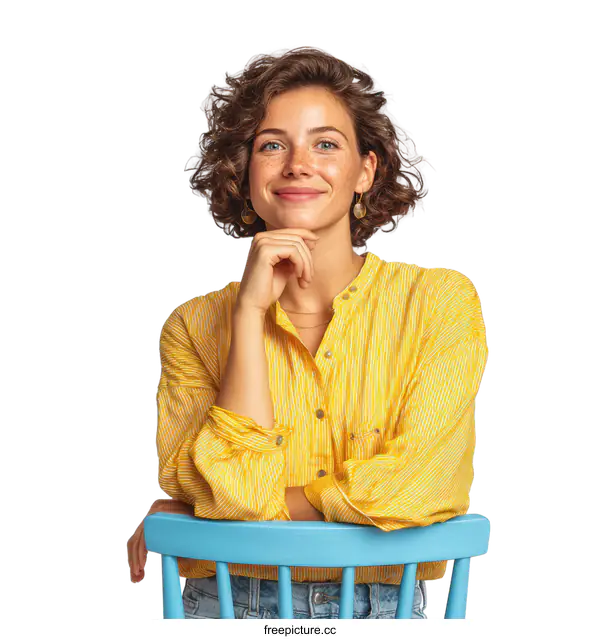 [Transparent Background PNG]Smiling Woman in Yellow Striped Shirt Sitting on a Blue Chair