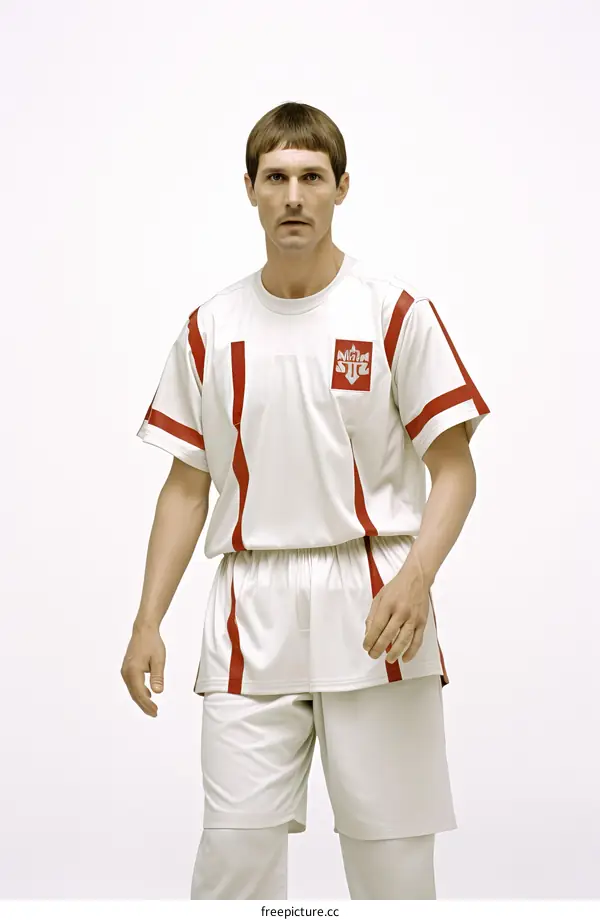 Male model with brown hair and brown eyes wearing a white and red striped shirt and shorts