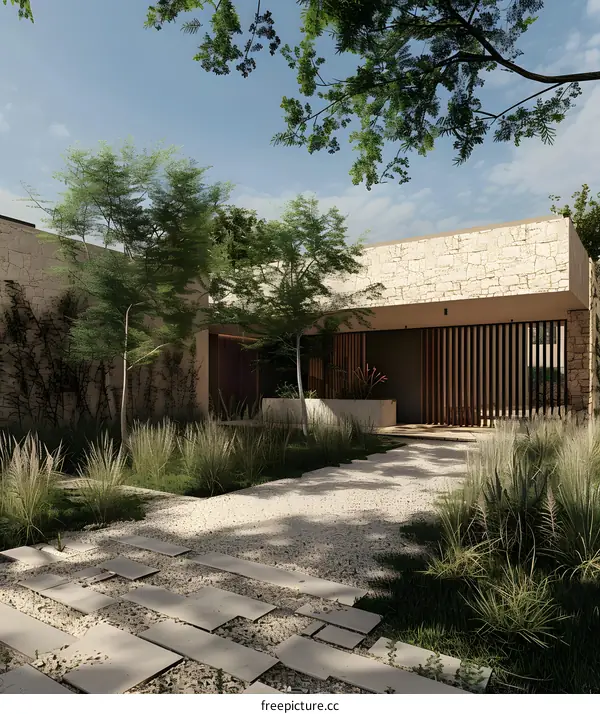 Modern House Exterior Design with Stone Wall and Wooden Accents