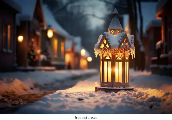 Snowy Village Street with Lantern