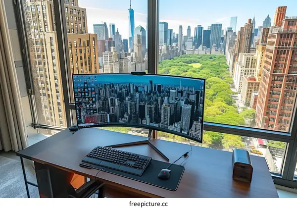 A desk with a computer and a view of Central Park