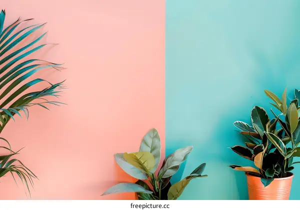 Tropical Plant Leaves Against Pink and Blue Wall