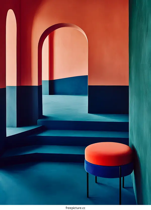 Minimalist Interior Design with Blue and Red Stools and Arched Doorways