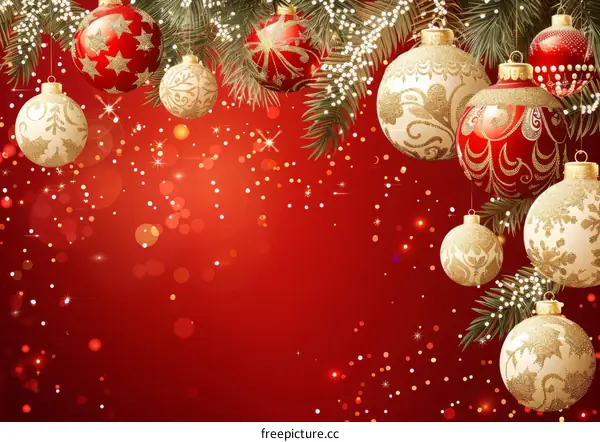 Christmas Ornament Decorations with Red and Gold Ornaments and Pine Branches