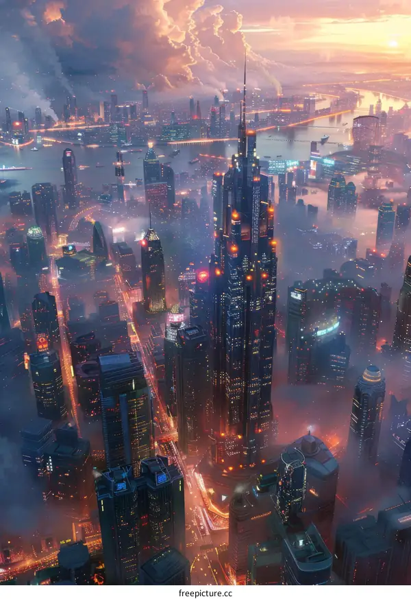 Futuristic Cityscape Aerial View at Dusk