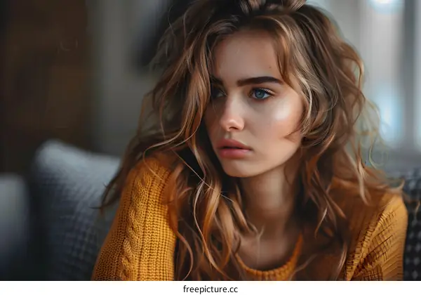 portrait of a beautiful young woman with long brown hair and blue eyes
