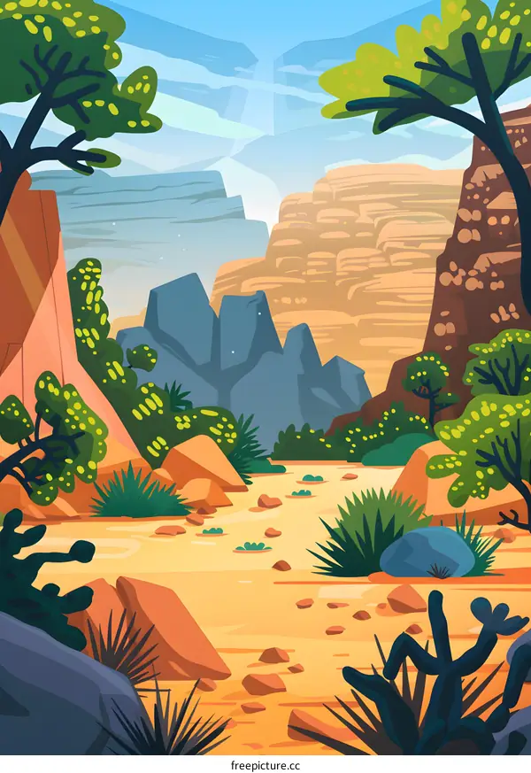 Canyon Landscape Illustration With Desert Plants