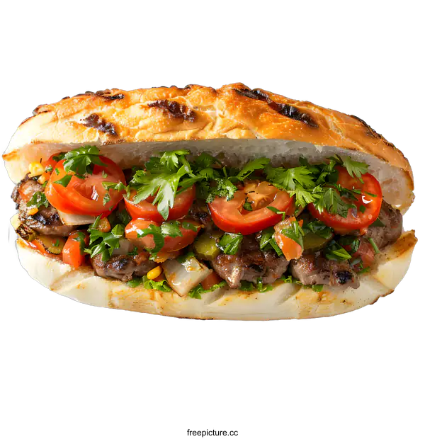 [Transparent Background PNG]Grilled Meatball Sandwich with Tomatoes and Parsley