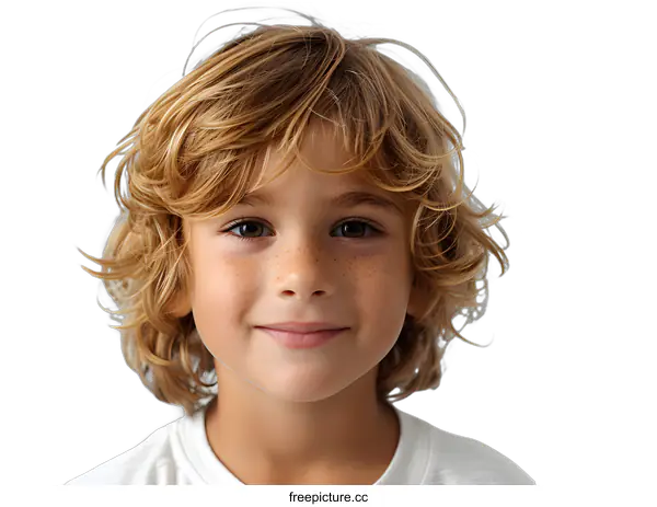 [Transparent Background PNG]Cute Boy with Curly Blond Hair and Freckles Smiling