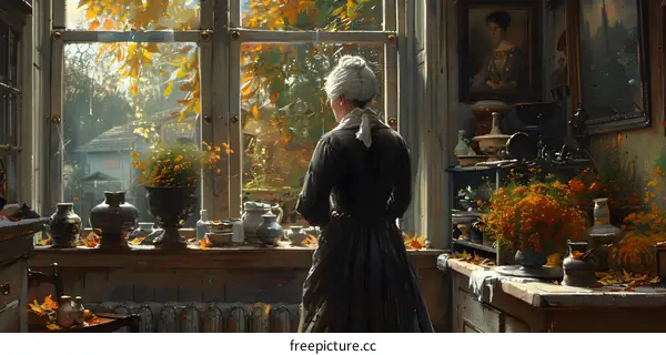 A woman standing in a room looking out the window