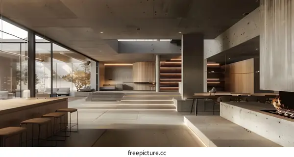 Modern Concrete and Wood Interior Design with Fireplace and Patio
