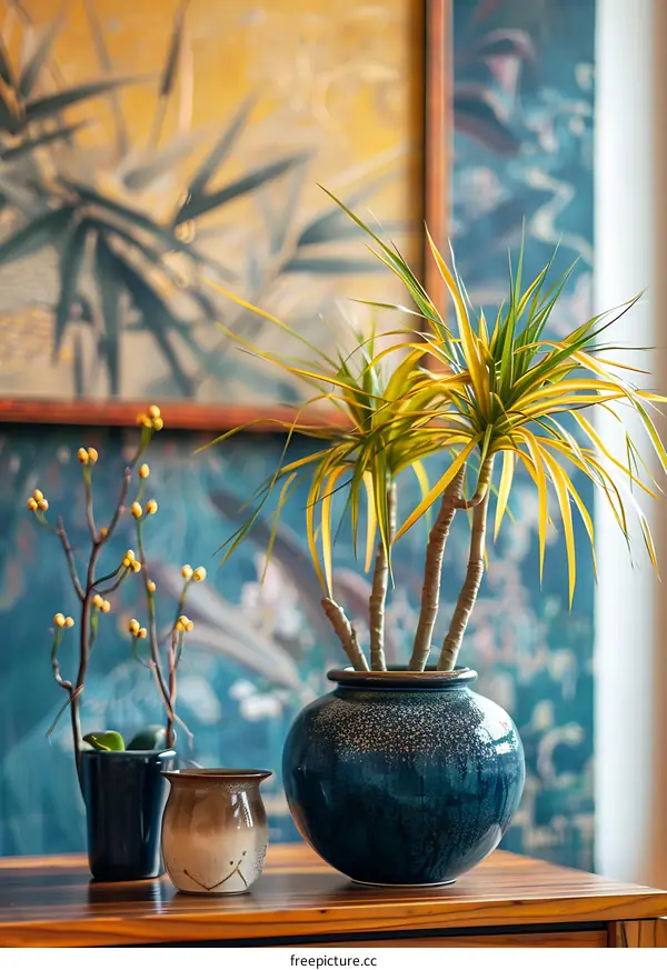 Green Plant in a Blue Pot on Wooden Table