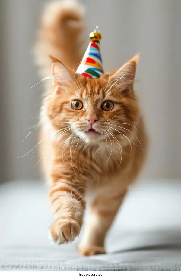 A ginger cat wearing a party hat is walking towards the camera