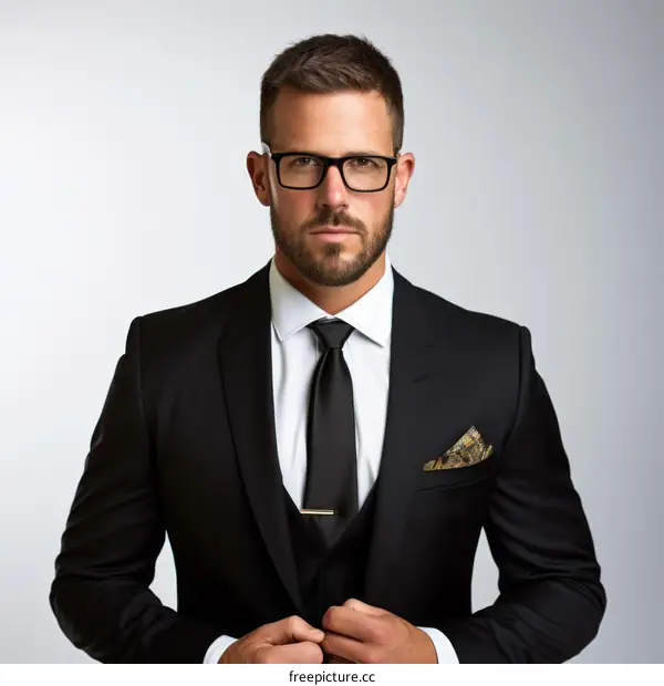 Bearded man in black suit and glasses
