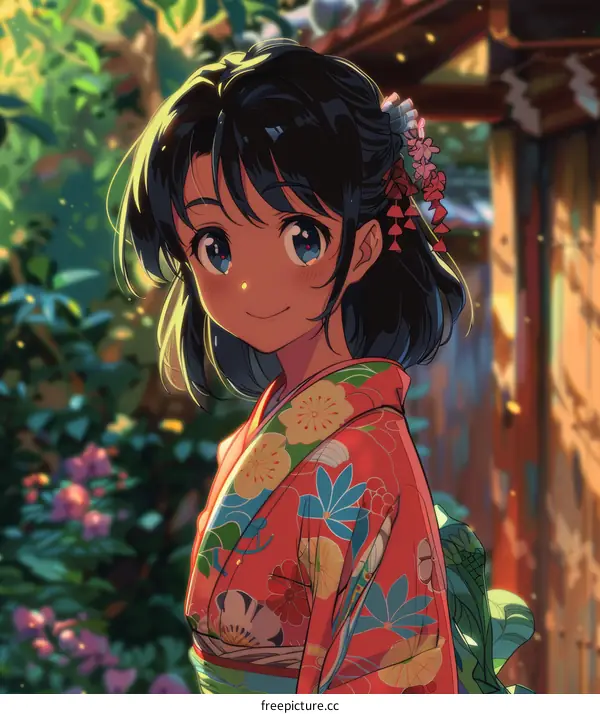 A smiling girl in a kimono standing in a garden