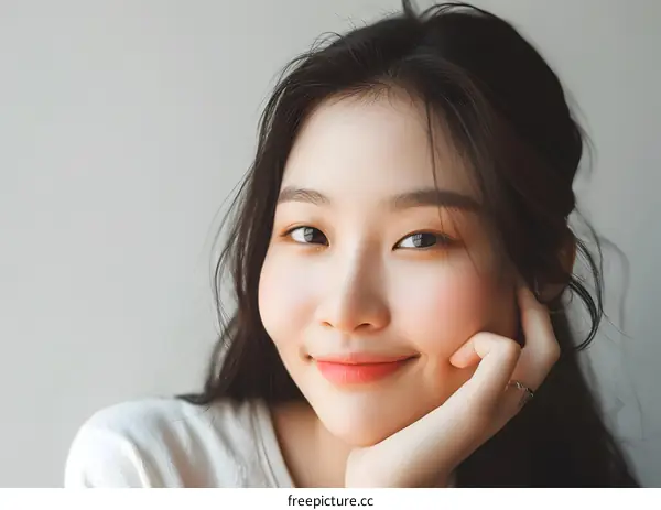 Smiling Asian Woman with Long Hair