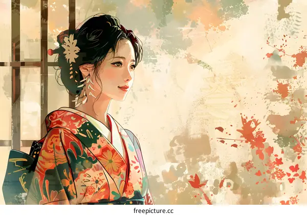 An illustration of a Japanese woman wearing a kimono