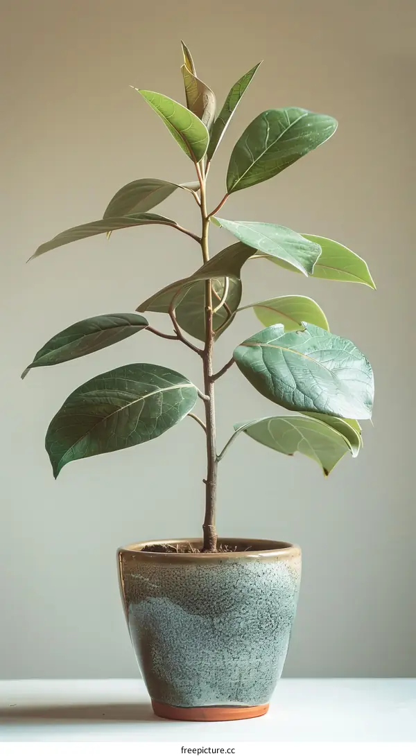 A potted rubber plant on a white table against a beige background.