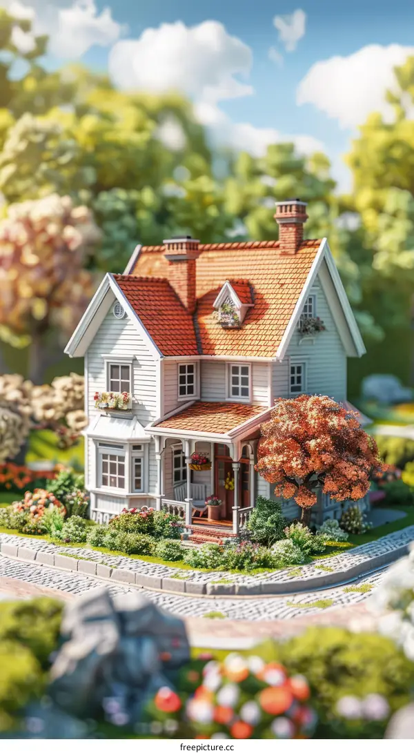Small White Suburban House with Red Roof