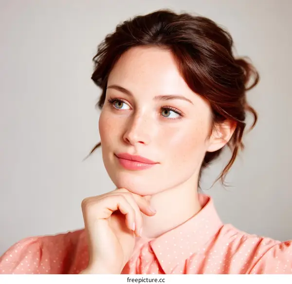 Thoughtful Woman in Light Pink Shirt