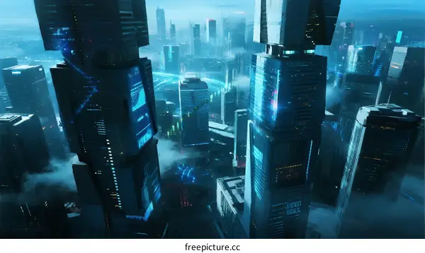 Futuristic Cityscape with Tall Buildings and Digital Elements