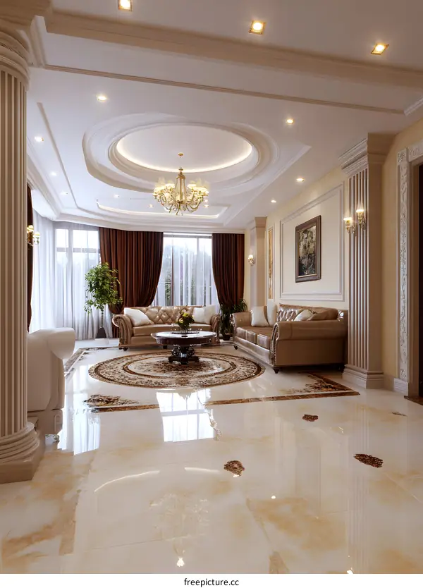 Luxury Living Room Interior Design with Brown Leather Sofas and Gold Accents