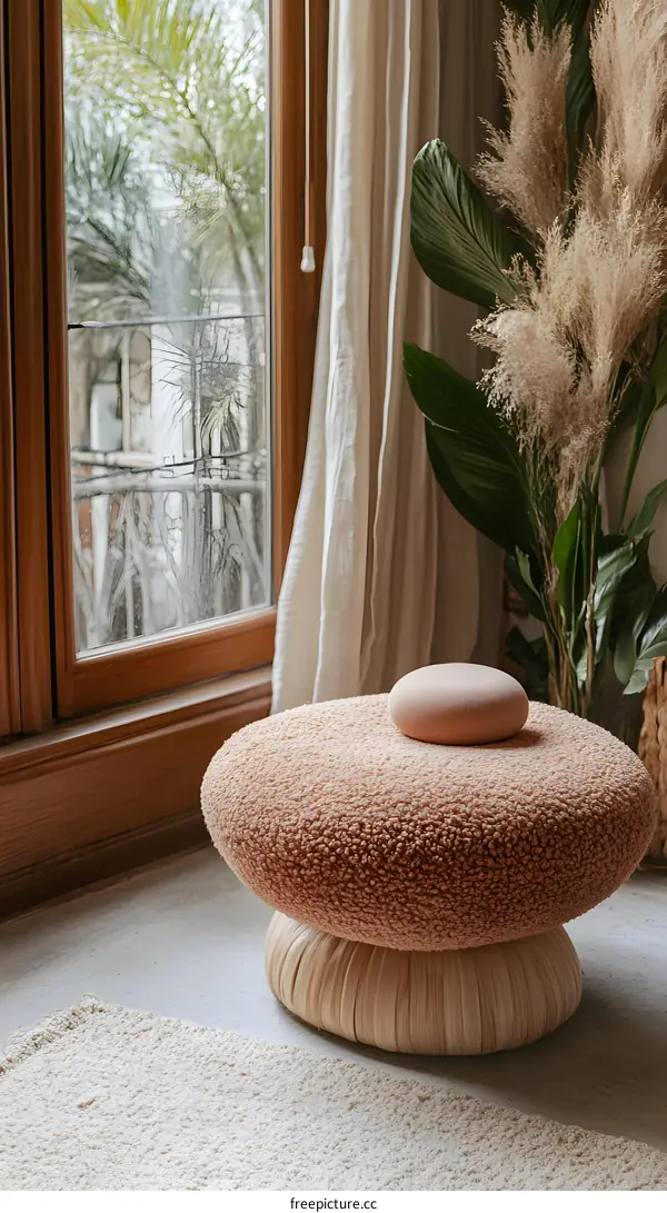 Round Fluffy Ottoman with Wooden Base in a Modern Interior