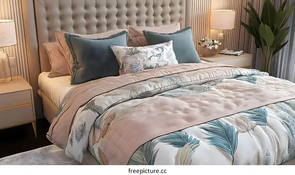 Tropical Leaf Pattern Bedding with Pillow and Bedside Lamp