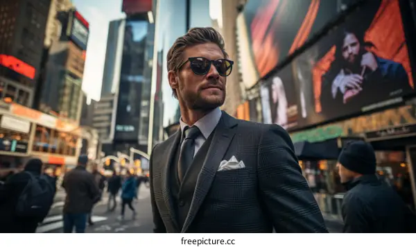 A man in a suit and sunglasses is walking down a crowded street in New York City.