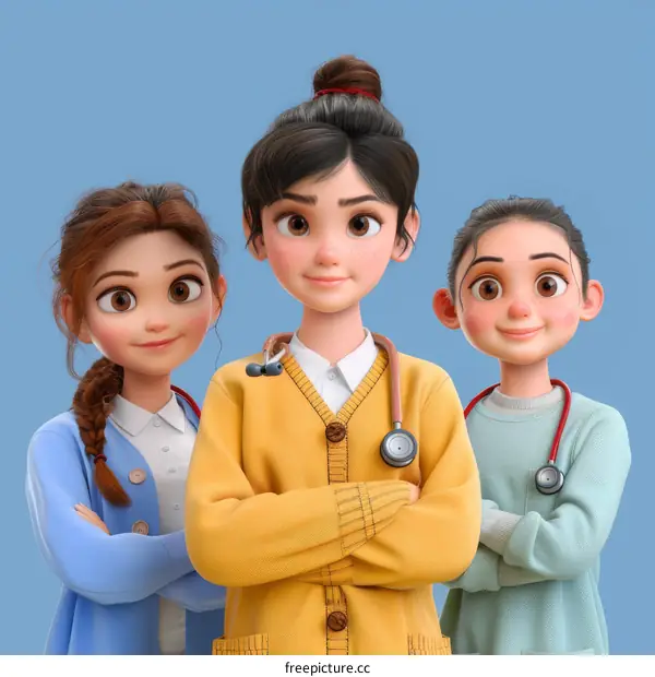 Three young female doctors with stethoscopes around their necks