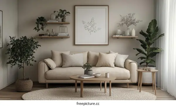 Modern Beige Living Room with Plants and Natural Art