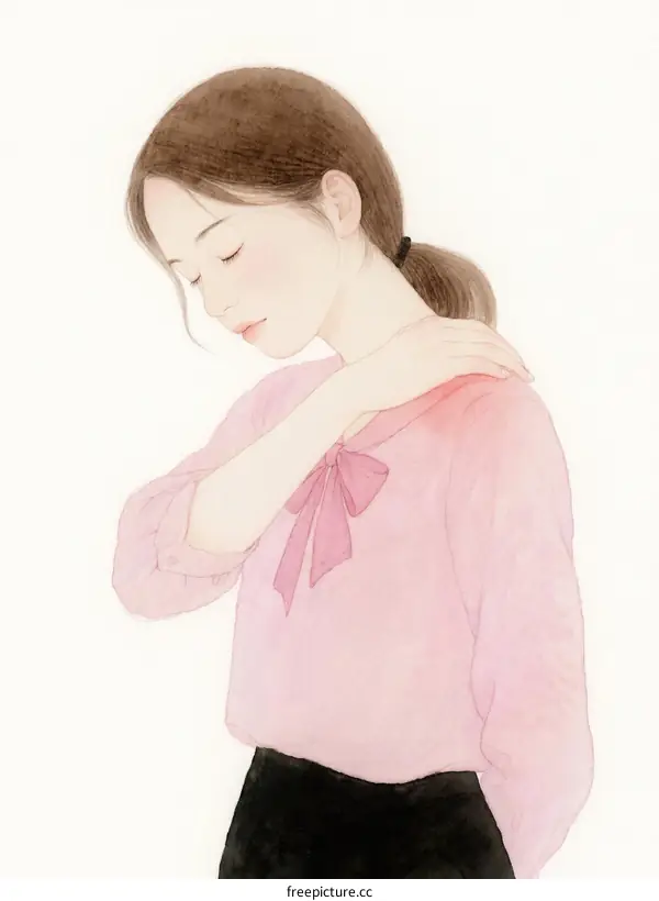 A Young Woman in Pink Blouse with Closed Eyes and Hand on Shoulder