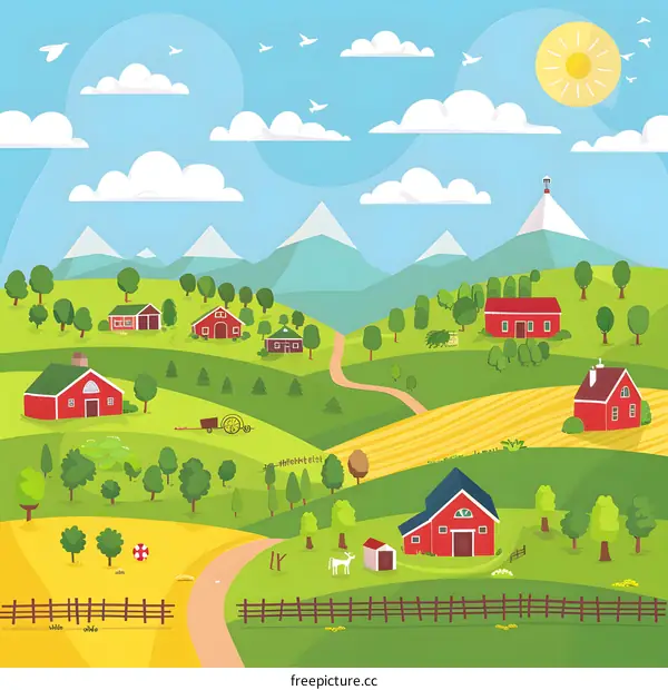 Rural Landscape with Red Barns and Green Hills