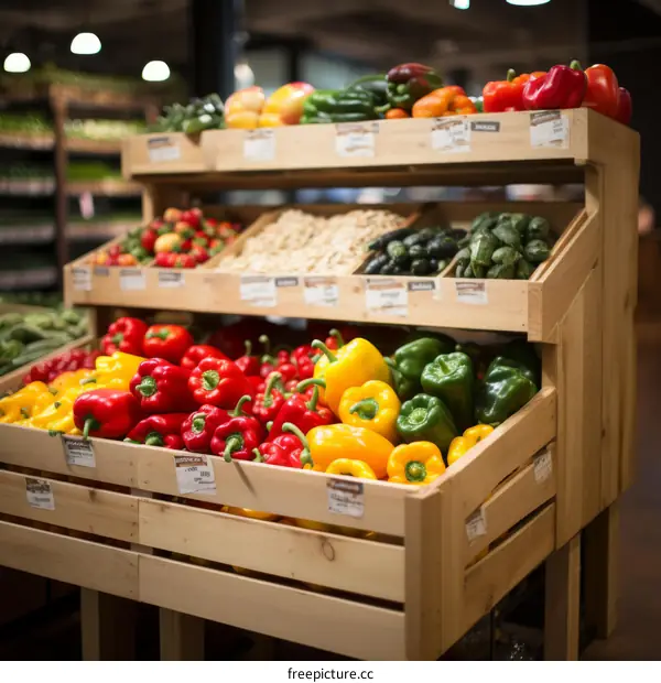 Colorful Bell Peppers and Fresh Vegetables on Wooden Shelves