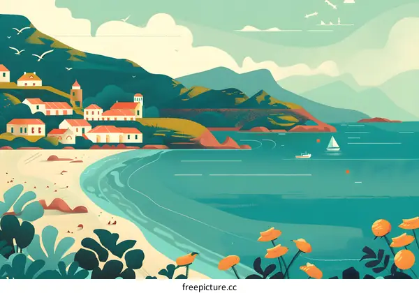 Coastal Town with Mountains and Ocean