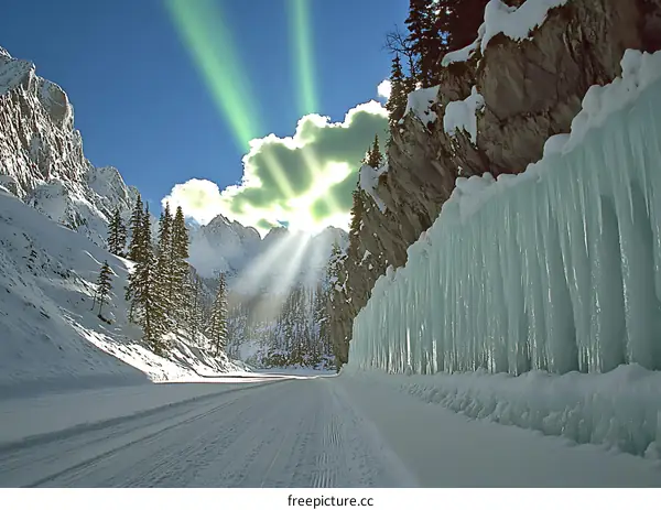 Mountain Pass with Sun Rays through Icicles