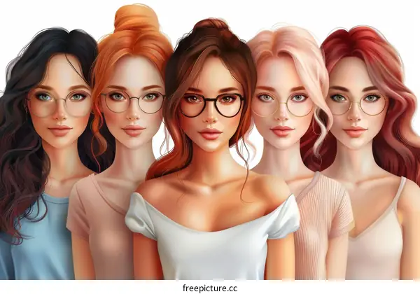 Group of diverse young women with different hair colors wearing glasses