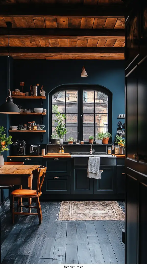 Dark Kitchen Interior Design with Wooden Beams