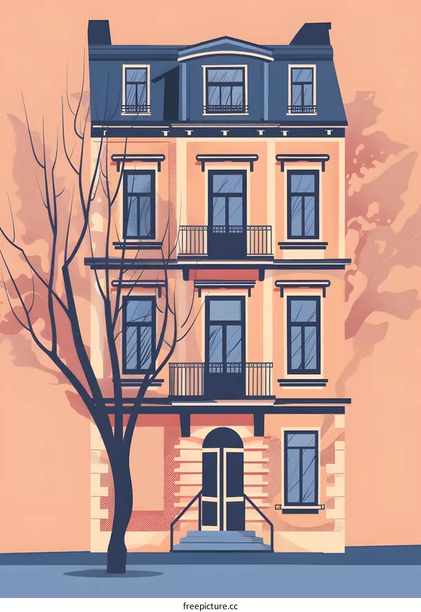 Illustration of a Pink European Style Building with a Tree