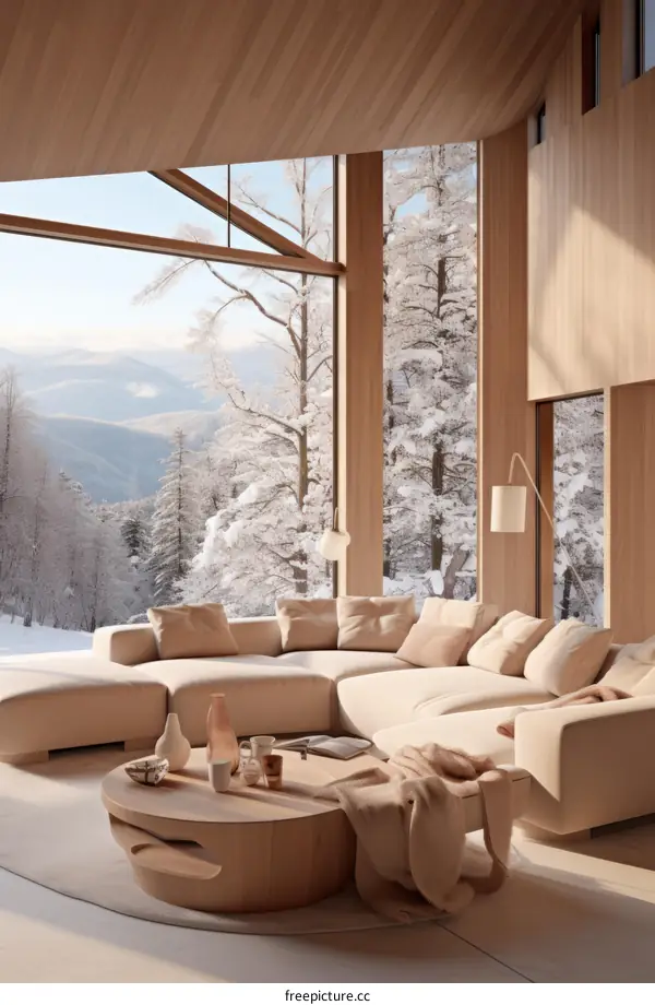 Modern Minimalist Living Room Interior Design With Large Windows And Mountain Views