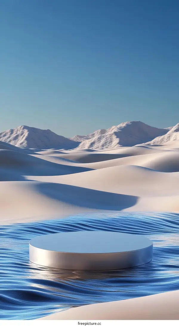 Silver Pedestal on Water in Desert Mountain Landscape