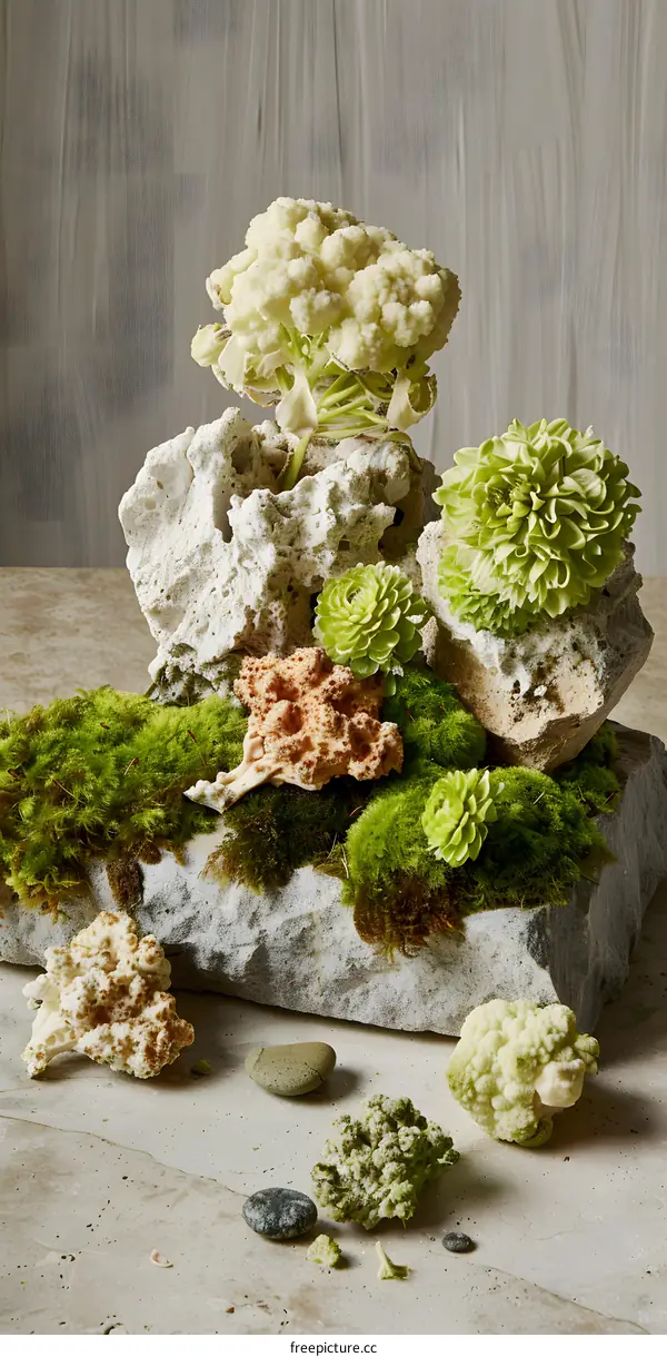 Cauliflower and Green Flowers with Rocks and Moss
