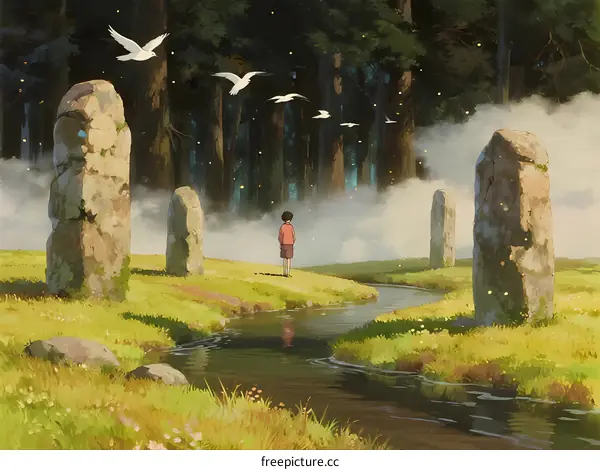 A Solitary Figure Standing Amidst Ancient Stone Monuments in a Misty Forest