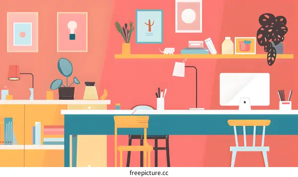 Modern Home Office Illustration With Desk, Computer, and Chair