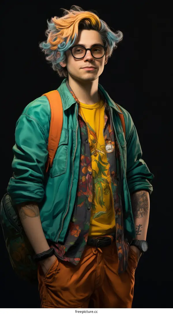 Portrait of a young man with multi-color hair.