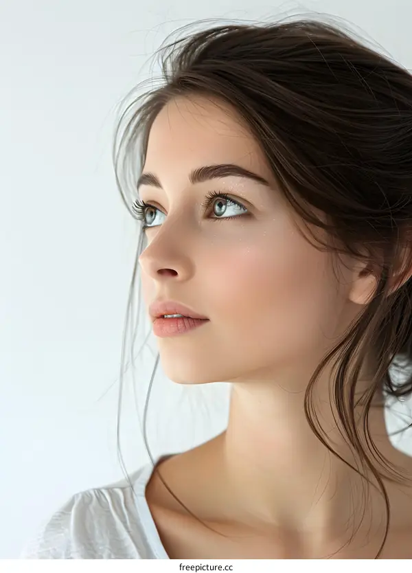 Portrait of a Beautiful Young Woman with Long Brown Hair and Blue Eyes