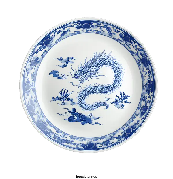 [Transparent Background PNG]Blue and White Porcelain Plate with Dragon Design