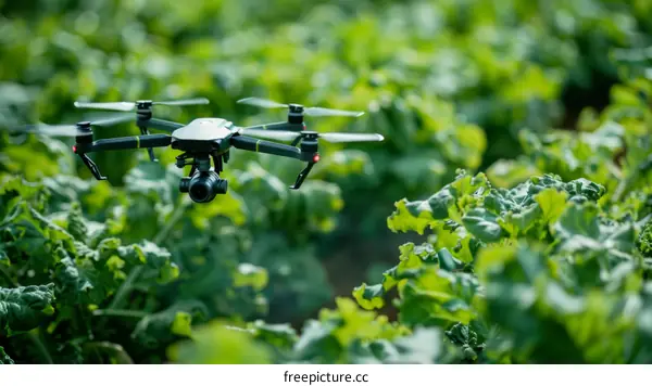 Drone flying over a field of green leafy plants